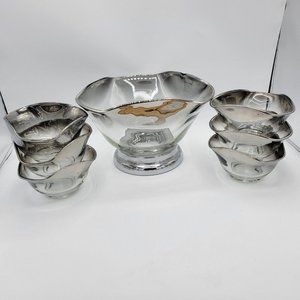 Vintage Dorothy Thorpe Wavy Smokey Silver Fade MCM Snack Bowl With 6 Serve Bowls
